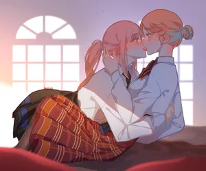 School Takamori Girls Kissing Art Wallpaper