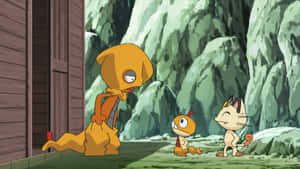 Scrafty Talking To Scraggy And Meowth In A Vivid Encounter Wallpaper