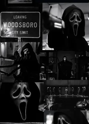 Scream Movie Collage Woodsboro Exit Wallpaper