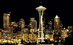 Seattle Skyline At Night With The Space Needle Wallpaper