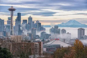 Seattle Skyline Misty Morning Mount Rainier Backdrop Wallpaper