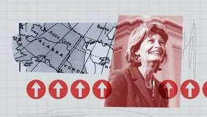 Senator Lisa Murkowski With Up Arrows And Alaska Map Wallpaper