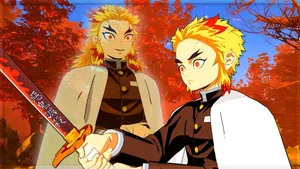 Senjuro Rengoku With Sword And Autumn Backdrop Wallpaper