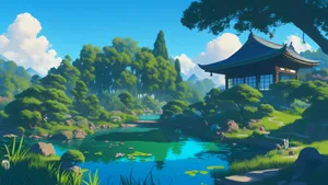 Serene Anime Garden Scene Wallpaper