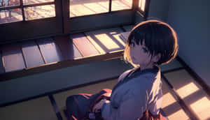 Serene_ Anime_ Girl_ Traditional_ Room_ Sunset Wallpaper
