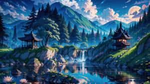 Serene Anime Mountain Landscape Wallpaper