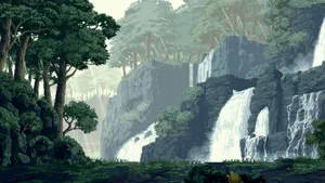 Serene Anime Waterfall Scene Wallpaper
