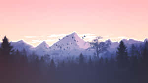 Serene Cartoon Mountain Landscape Wallpaper