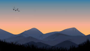 Serene Cartoon Mountain Sunset Wallpaper