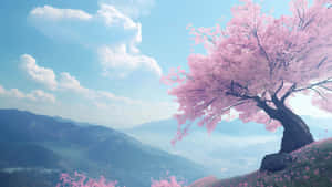 Serene Cherry Blossom Over Mountain Valley4 K Wallpaper