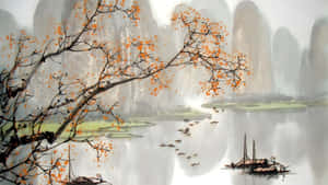 Serene Chinese Watercolor Landscape Wallpaper