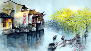 Serene Chinese Watercolor Landscape Wallpaper