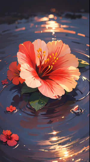 Serene Hibiscus Water Ripples Art Wallpaper