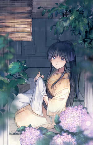 Serene Kimono Girl Rainy Setting Wallpaper