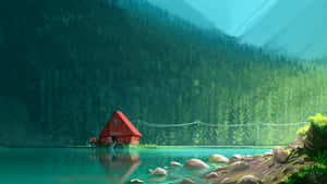 Serene_ Lake_ Cottage_ View Wallpaper