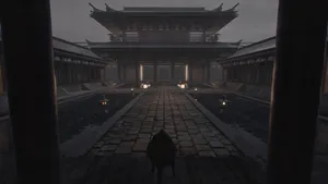 Serene Landscape Of The Feudal Japan Era With A Samurai And A Temple In The Background Wallpaper