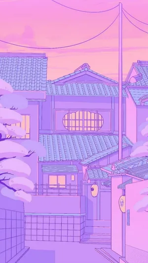 Serene Purple Sunset Town Wallpaper