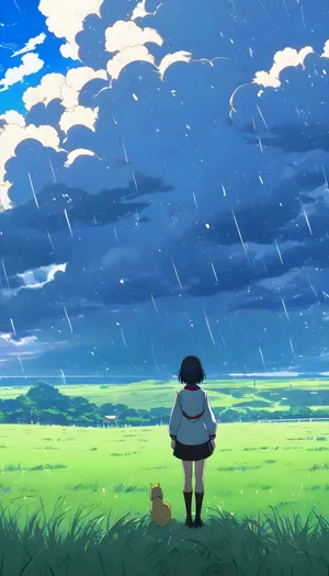 Serene Rainy Countryside With Anime Girl And Cat Wallpaper