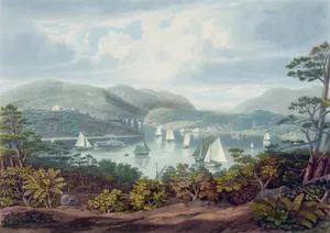 Serene River Valley Sailing Scene Wallpaper