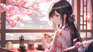 Serene Sakura Anime Girl Writing Wallpaper