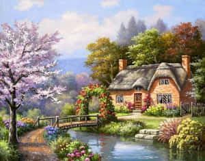 Serene Spring River Flowing Amidst Lush Green Forest Wallpaper