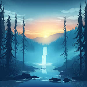 Serene Sunset Waterfall Forest Wallpaper