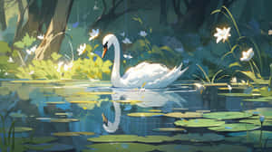 Serene Swan Lake Illustration Wallpaper