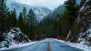 Serene Winter Landscape On A Snowy Road Wallpaper