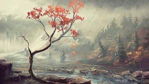 Serenity By The Lake - A Stunning Landscape Painting Wallpaper