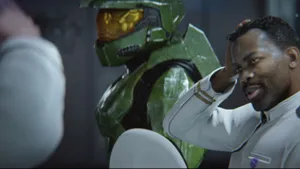 Sergeant Johnson Leading The Battle In A Futuristic Warzone Wallpaper