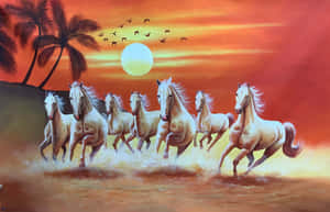 Seven Horses Sunset Galloping Wallpaper