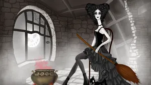 Sexy Cartoon Witch With Creepy Moon Illustration Wallpaper