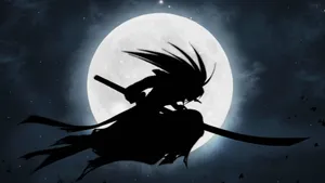 Shadowy Samurai Under Full Moon Wallpaper