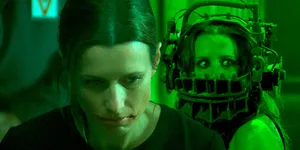 Shawnee Smith Posing In Elegant Green Dress Wallpaper