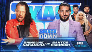 Shinsuke Nakamura Wrestling Santos Escobar In Smackdown Wallpaper