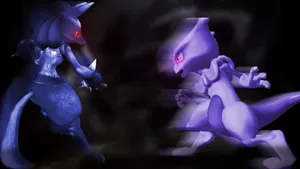 Shiny Mewtwo Attacking Lucario Wallpaper