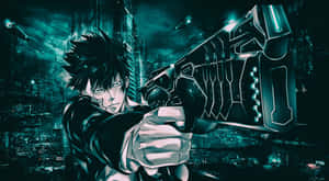 Shinya Kogami With A Fierce Expression Against A Dystopian City Backdrop Wallpaper