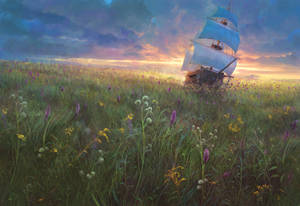 Ship And Flowers Art Wallpaper