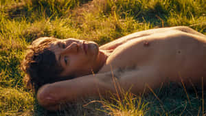 Shirtless Man Lyingin Grass During Golden Hour Wallpaper