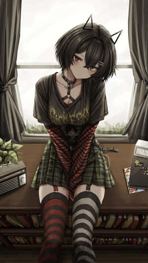 Short-haired Goth Anime Cat Girl Wallpaper