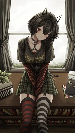 Short-haired Goth Anime Cat Girl Wallpaper