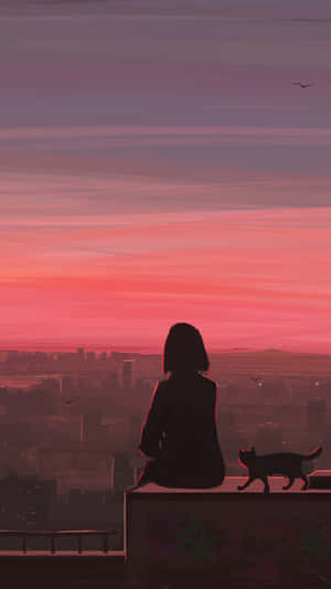Silhouetteof Girland Cat Overlooking Cityat Sunset Wallpaper