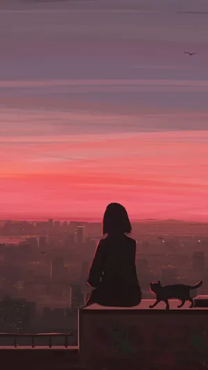 Silhouetteof Girland Cat Overlooking Cityat Sunset Wallpaper