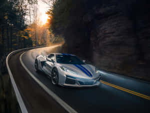 Silver Corvette C8 Autumn Drive Wallpaper