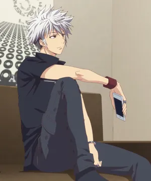 Silver Haired Anime Character Sitting With Phone Wallpaper