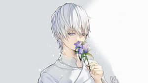 Silver Haired Anime Characterwith Flower Wallpaper