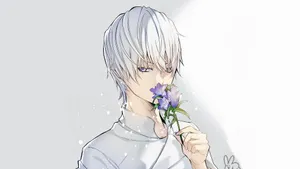 Silver Haired Anime Characterwith Flower Wallpaper