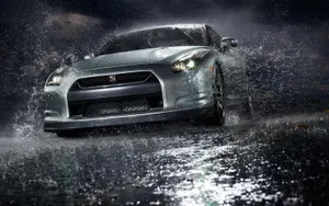 Silver Nissan Gtr Car Soaked In The Rain Wallpaper