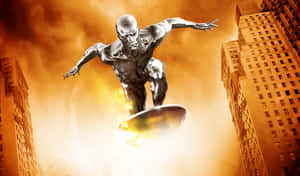 Silver Surfer Soars Through City Wallpaper