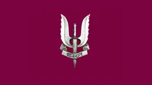 Silver Winged Swordand Trident Badgeon Maroon Background Wallpaper